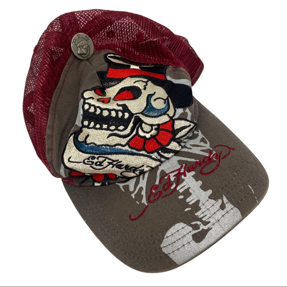 Ed Hardy Trucker Hat Skull Graphic Y2K Hat, Gray and Maroon Mesh Hat